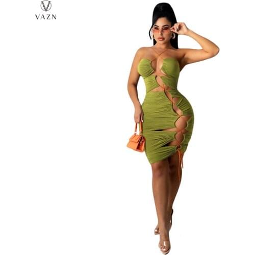 VAZN New 2021 Boho Solid Chic Sleeveless Strapless Ladies Slim Elegant Women Female Dress Sexy Beach Mini Dress