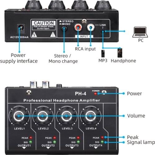 RCA Input 4 Channels Stereo/Mono Switch Mini Headphone Ultra-Compact Amplifier 6.35mm/3.5mm Stereo Output