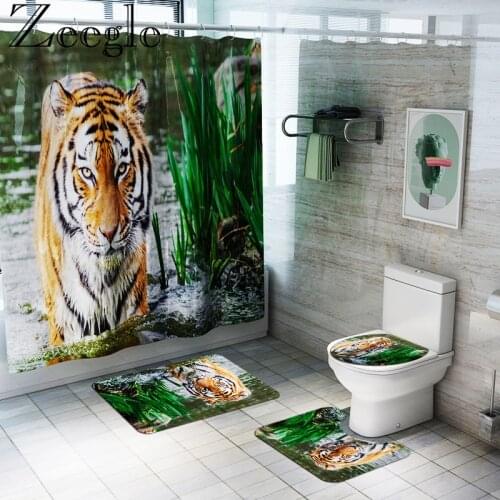Tiger Printed Bathroom Carpet and Shower Curtain Set Bath Mat Shower Room Toilet Rugs Bathroom Curtain Toilet Bathroom Bath Mat
