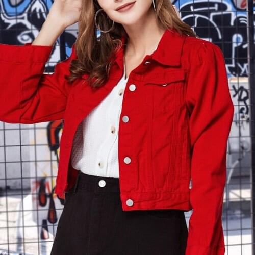 Denim Crop Jacket Coat Women 2021 Spring Red Cotton Korean Fashion Loose Large Size Harajuku Pocket Cropped Designer Jean Jacket