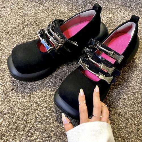 OLOMLB Womens Lolita Metal Buckle Round Toe Gothic Punk Pumps Shoes Creepers Japanese Harajuku Platform Retro Black White New