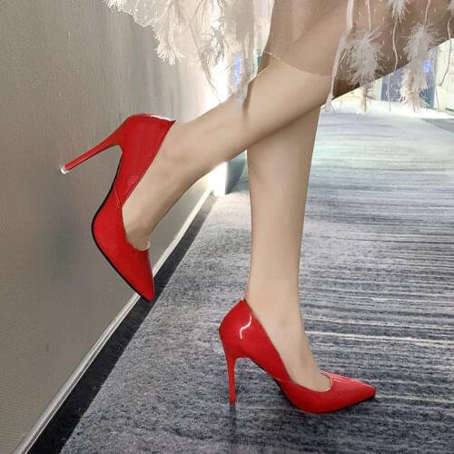 Hot Women super Shoes Pointed Toe Pumps Patent Leather Dresshigh Heels Boat Wedding Zapatos Mujer Red 10cm heel wedding shoes