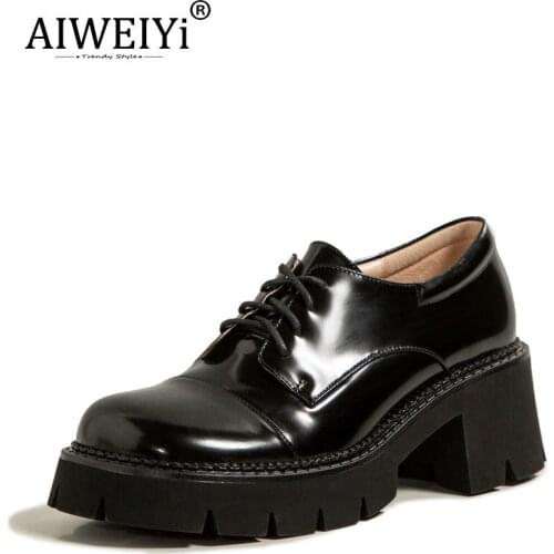 AIWEIYi Genuine Leather Woman Shoes Black White Block High Heels Lace Up Oxford Shoes For Women Shoes