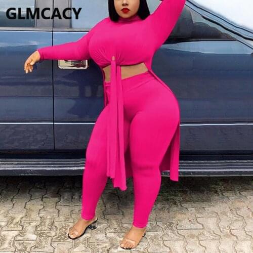 Plus Size Women Two Piece Solid Suits Long Sleeve Dip Hem Shirt & Slim Pants Set