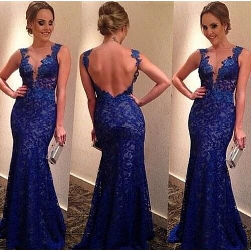 2018 New Arrival Elegant Royal Blue Long Sexy Deep V-Neck Backless Sleeveless Floor Length Lace Party Gown bridesmaid dresses