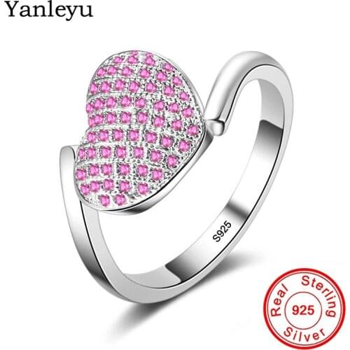 Yanleyu Romantic Princess Pink Cubic Zircon Heart Rings for Women Valentines Day Gift 925 Sterling Silver Wedding Ring PR219