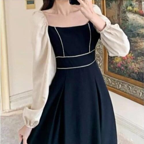 Korean Fashion Retro Black Midi Dress Female Long Sleeve Vintage Elegant Dress 2021 Autumn Evening Party Dress Women Casual