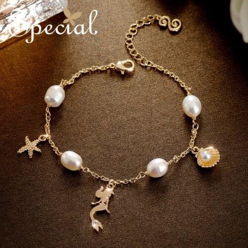 Special handmade natural pearl starfish shell bracelet champagne lined mermaid dance S1821C