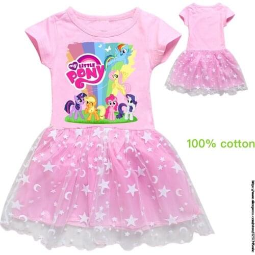 Kids My Little Baby girl pony Cotton Summer Girls Short Sleeve Dresses Cartoon Wavelet point for Baby Girl Clothes 2-14 Years