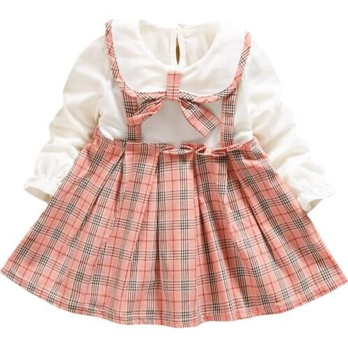 Cute Strap Toddlers Dresses Kids Girl Long Sleeves Fake Two Pieces Children Plaid Costumes Baby Party Clothes