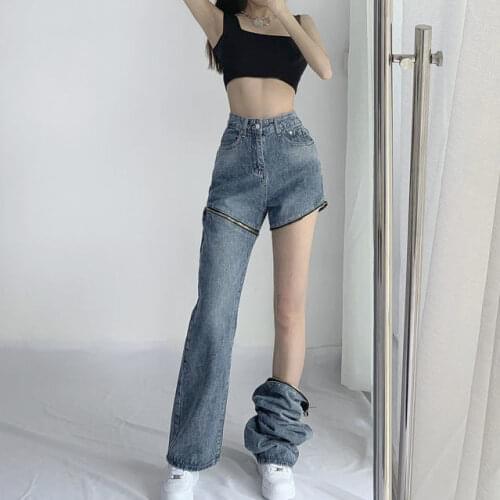 Women Jeans COTTON Full Length Low Straight Button Fly Fashion LOOSE Softener Casual Thin Girls Jeans Detachable Shorts