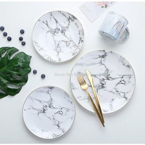 European Style Marble Plates Ceramic Dinner Set Gold Inlay Porcelain Dessert Plate Steak Salad Snack Cake Plates Tableware