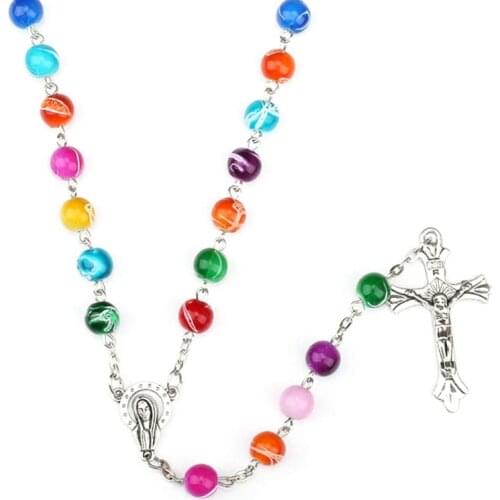 Catholic Religious Women Silver Plated Christian Virgin Mary Rosary Necklace Jewelry Black Crystal Prayer Beads