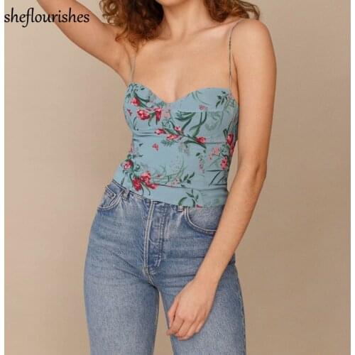 Summer spaghetti strap top women sexy crop top sleeveless corset tops korean floral tops backless lace up cami top green 2021