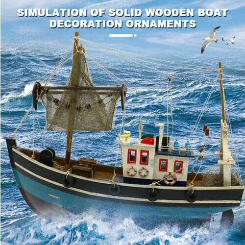 LUCKK Fishing Boat Model Blue Home Furnishings 47*16*40cm Ocean Style High Restoration Degree Civil Boat Wooden Handmade