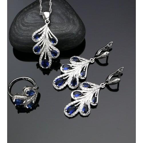 Silver 925 Jewelry Sets For Women Party Accessories Blue Stones Cubic Zirconia White Crystal Earrings Ring Necklace Pendant Set
