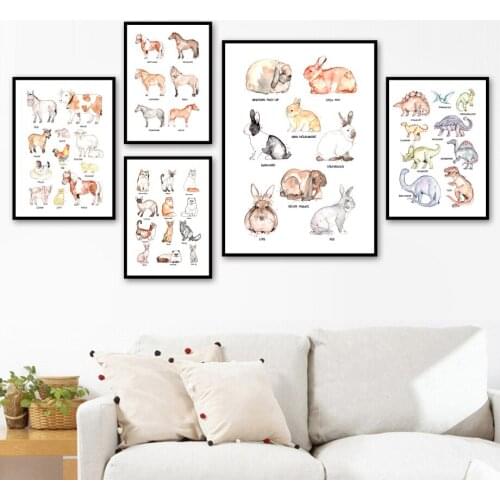 Dinosaur Rabbit Cat Horse Wolf Sheep Bear Nursery Wall Art Canvas Painting Posters And Prints Wall Pictures Baby Kids Room Decor