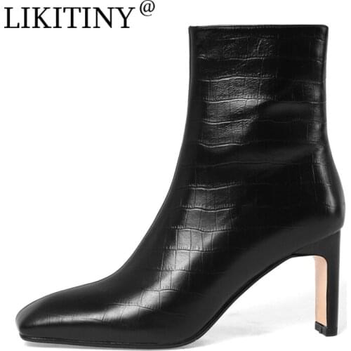 NEW LIKITINY 2021 Spring Autumn Womens shoes Sexy Elegant Genuine Leather Brown Square Head Zipper Chunky Heels Short Boots