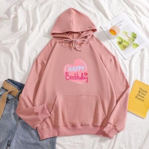 Autumn Heart-shaped Happy Birthday Letter Print Sweatshirt Women Tops Kawaii Oversized Cotton Hoodies Hoody Pullovers Clothes