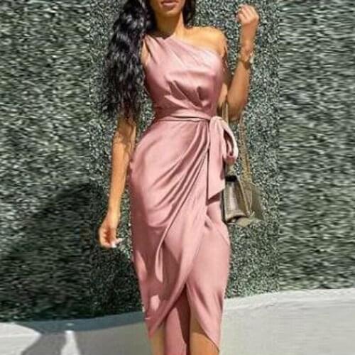 New One Shoulder Ruched Design Party Dress Women Solid Sleeveless Bodycon Night Club Dresses Satin Vestidos Solid Clothes