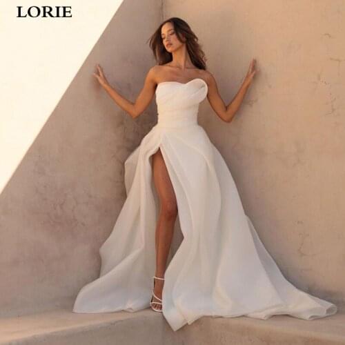 LORIE Strapless Beach Wedding Dress A Line Organza Satin Side Split Boho Bride Dresses Ivory Princess Wedding Party Gowns