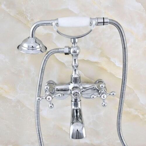 Silver Polished Chrome Brass Wall Mounted Dual Cross Handles Clawfoot Bathtub Faucet Handshower - Adjusts From 3-3/8" aqg416
