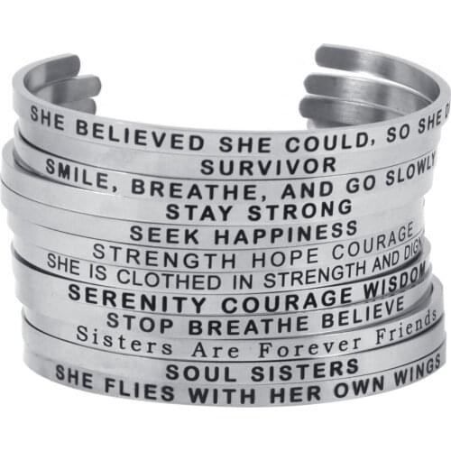 Silver 316L Stainless Steel Engraved Positive Inspirational Quote Hand Stamped Cuff Mantra Bracelet Bangle for Women Jewelry