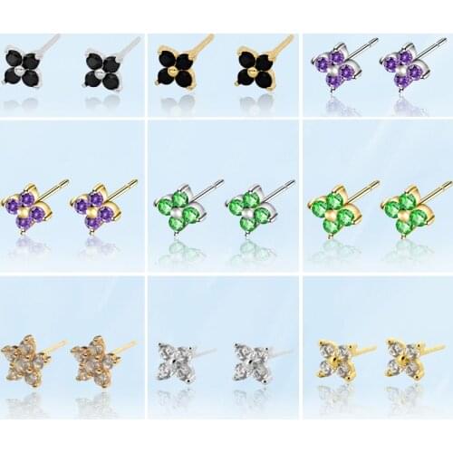 Korea Simple Fine Earrings For Woman Star Shape Four Leaf Clover Multi Color Crystal Piercing Stud Earrings Fashion Jewelry 2021