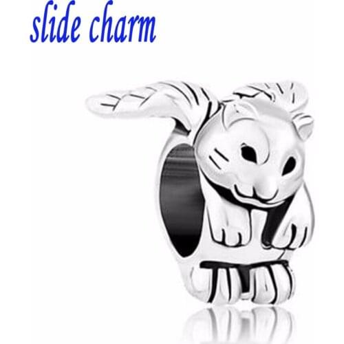 Slide charm Free shipping black and white cat animal flying charm beads fit Pandora bracelet