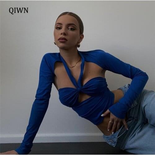 Chic Fashion Long Sleeve Women Tops Slim Hollow Out Autumn Elegant Backless Cropped Tees Slim T-Shirts Clothes