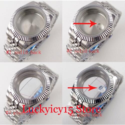 Steel Fluted Bezel 39mm 316L Watch Case fit NH35A NH36A Seeing Glass Back/Solid Back Flat Sapphire Glass Jubilee Band
