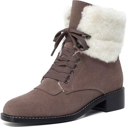 Warm Wool Ankle Boots Lace UP Cow Suede Thick Heels 2021 Women Winter Snow Shoes Casual Fashion Real Fur Ladies Square Toe Shoes