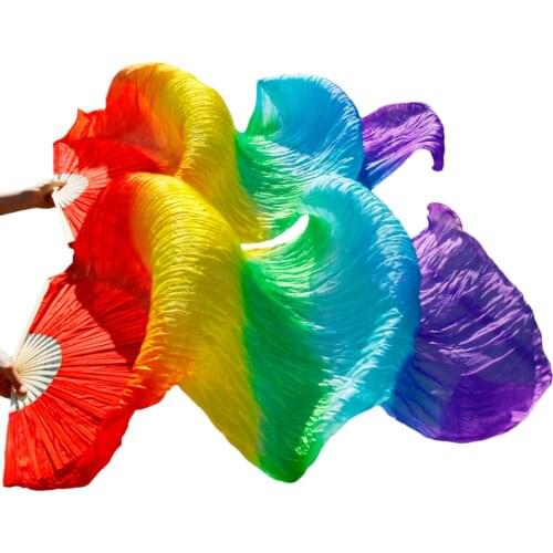 2018 Hot sale women 100% real silk belly dance fan veils of belly dance fans rainbow color (2pcs)