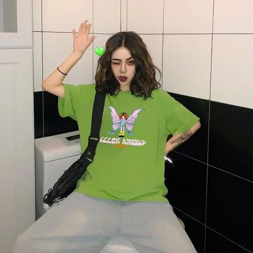 Womens t-shirts Punk Tshirt Butterfly Graphic Letter Print Green O-Neck Short Sleeve harajuku Y2K Summer T-shirt Top women