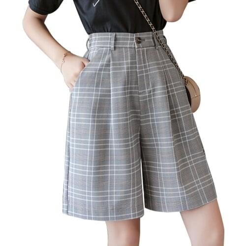 S-3XL Sashes Booty Shorts High Waist Summer Vintage Plaid Wide Leg Suits Short Women Elegant All Match Straight Belt Shorts Girl