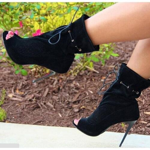 Black suede hollow out breathable ankle boots for woman peep toe stiletto heels spring summer short boots high heel booties
