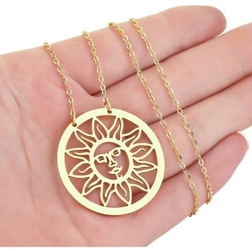QIAMNI Ethnic Sun Totem Vintage Circle Sun Pendent Necklace For Women Collier Femme BFF Stainless Steel Jewelry Gift Boho Charm