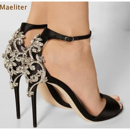 New Year Green Black Satin Fabric Single Strap Sandals Sweet Chic Back Bling Bling Crystal Heels Dress Shoes Wedding Pumps