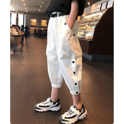 High Waist Cargo Pants for Kids Girls Pure Color Cool Trousers Pocket Loose Cotton Sport Running Pants For Teens Girl 5-14 Years