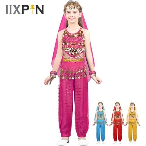 Kids Girls bellydance costume India Belly Dance Costumes Outfit Halter Top with Pants Headwear Waist Chain and Bracelets Set