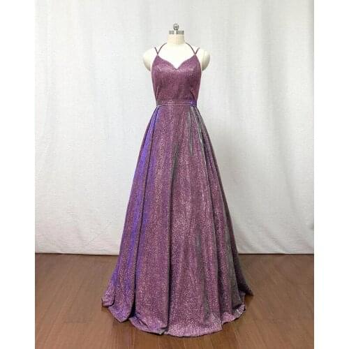 Long Glitter V Neck Prom Dresses 2021 A Line Spaghetti Straps Backless Formal Evening Party Dress Gown Robe De Soiree