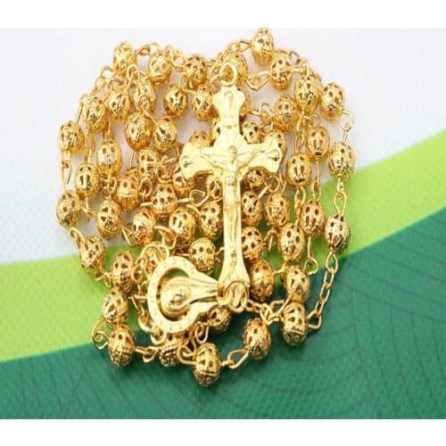 Catholic Rosary Hollow Gold Rosary Necklace with 6mm Catholic Gold Hollow Beads Baby Baptism