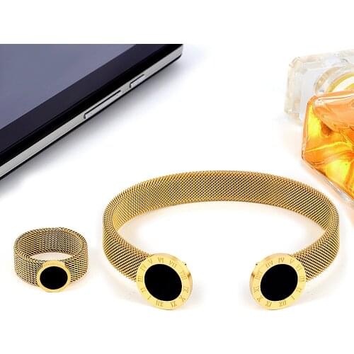 Classic Gold Color Stainless Steel Jewelry Set Round Crystal Mesh Ring Bracelets Roman Numeral Wedding Jewelry Set For Women Men