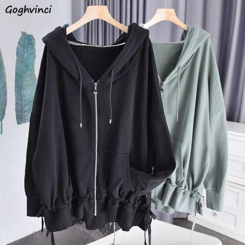 Jackets Women Autumn Shirring Hooded Front Pocket Draw String Casual Coats Fashion Oversize Loose All-match Solid Streetwear Ins