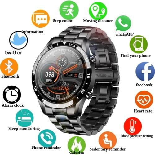 LIGE 2021 Full circle touch screen steel Band luxury Bluetooth call Men smart watch Waterproof Sport Activity fitness watch+box