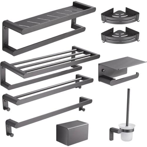 Space Aluminium Bathroom Accessories Set Gray WC Paper Towel Rack Bar Triangle Shelf with Hook Toilet Brush Holder Bath Hardware