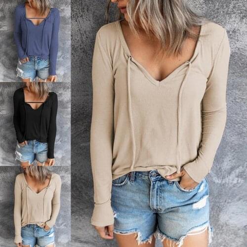 Solid Color Women T-shirt Long Sleeve Autumn Front Lace Up Pullover Top Streetwear