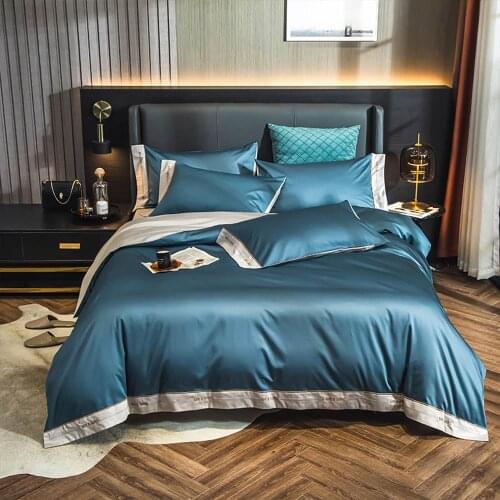 Papa&Mima Turquoise Grey Solid Print Egyptian Cotton Embroidery Bedlinens Twin Queen King Bedding Duvet Cover Set Fitted Sheet