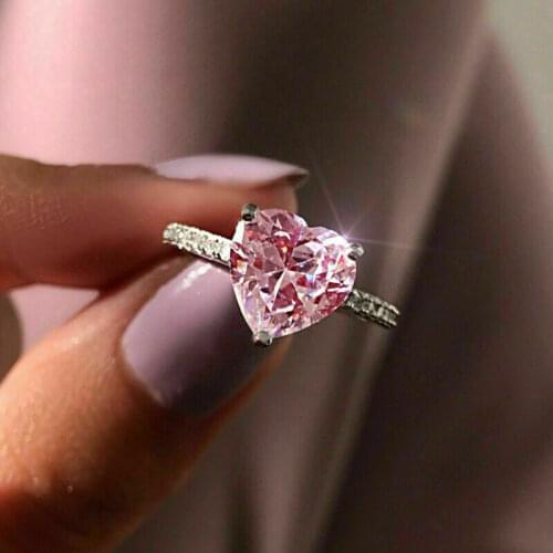 Romantic Heart Cut Pink Crystal Zircon Ring For Women Classic Three Prong Setting Zircon Engagement Ring Women Wedding Jewelry
