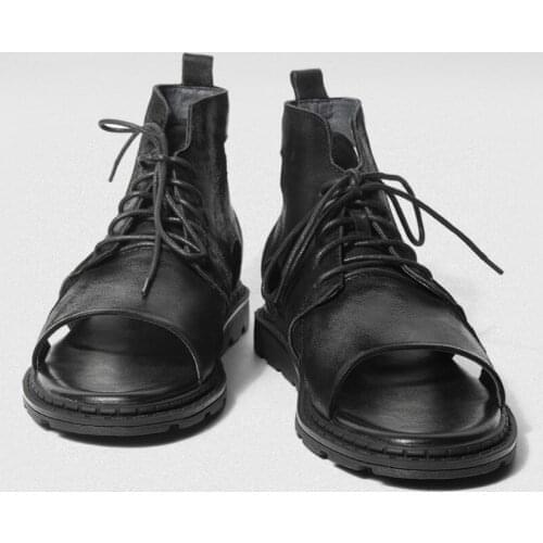 Ankle Gladiator Flats Sandals Men Genuine Leather Lace Up Rome Style Punk Summer Beach Sandals Breathable Outdoor Casual Shoes